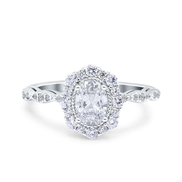 Vintage Art Deco Halo Oval Engagement Ring Simulated Cubic Zirconia 925 Sterling Silver